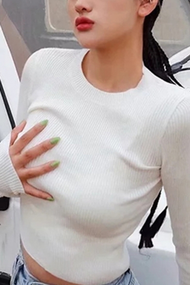 Popular Solid Color Crew Neck Long Sleeve Slim Fit Ribbed Knit Top Cropped Sweater