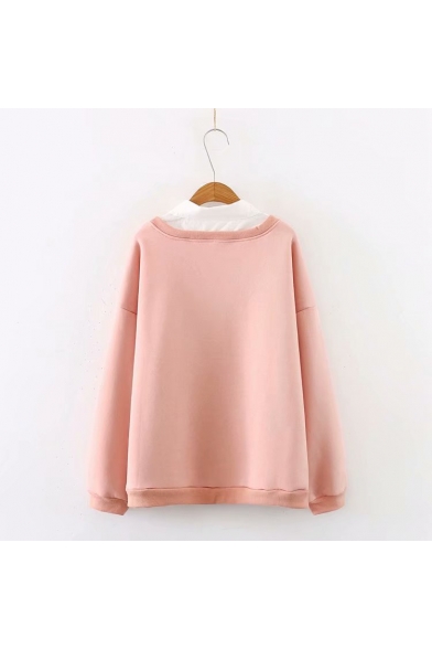 Preppy Chic Cute Rabbit Printed Long Sleeve Oversized Casual Fake Two Piece Sweatshirt