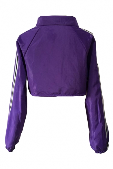 Purple Lapel Collar Color Block Striped Long Sleeve Single Breasted Drawstring Crop Casual Jacket Coat