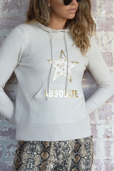 Regular Glitter Star ABSOULTE Letter Printed Kangaroo Pocket Knitted Pullover Sweater Drawstring Hoodie