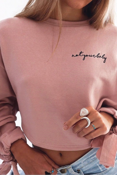 Simple Embroidery Letter Printed Long Sleeve Plain Loose Cropped Sweatshirt