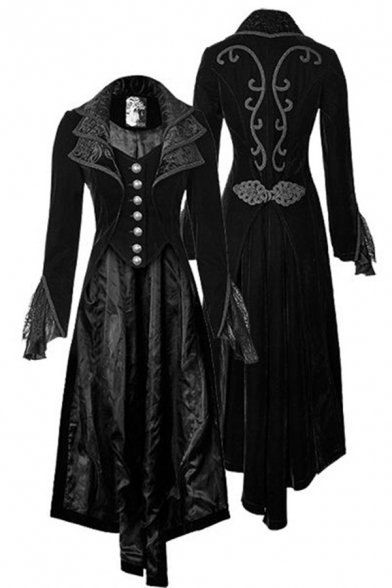 Steampunk Gothic Costume Vintage Floral Print Single Breasted Victorian Longline Medieval Formal Coat
