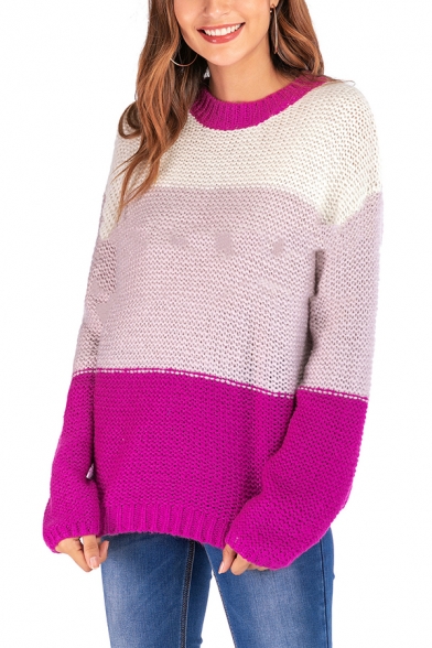 Unique Colorblock Stripe Printed Long Sleeve Oversized Knitwear Pullover Sweater