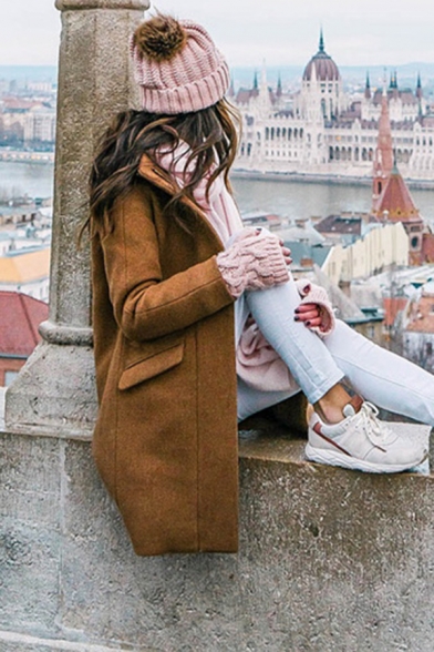 Winter Fashion Solid Color Long Sleeve Flap Pocket Zip Up Longline Loose Wool coat