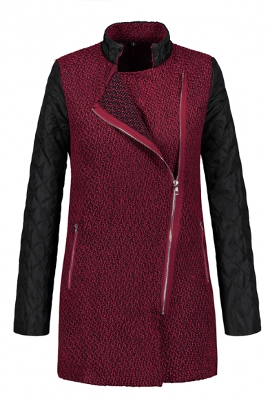 Winter Fashionable Stand Collar PU Leather Patchwork Long Sleeve Oblique Zip Longline Overcoat