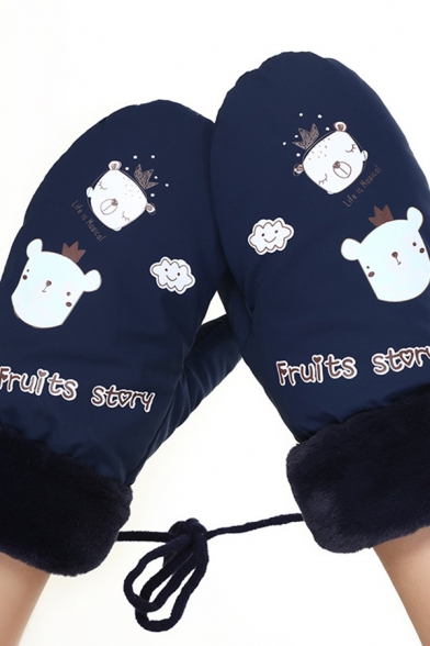 Winter Hot Fashion Lovely Cartoon Bear Letter FRUITS STORY Printed Fluffy Lined Warm Gloves for Girls