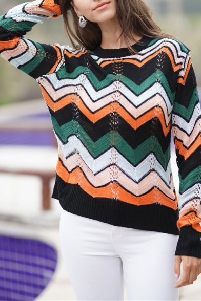 Women Color Block Zigzag Pattern Long Sleeve Pointelle Knitted Regular Pullover Sweater