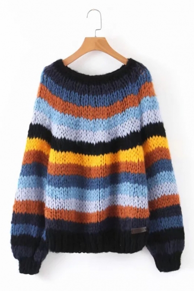 Women Loose Contrast Stripe Long Sleeve Round Neck Mohair Knitting Pullover Sweater