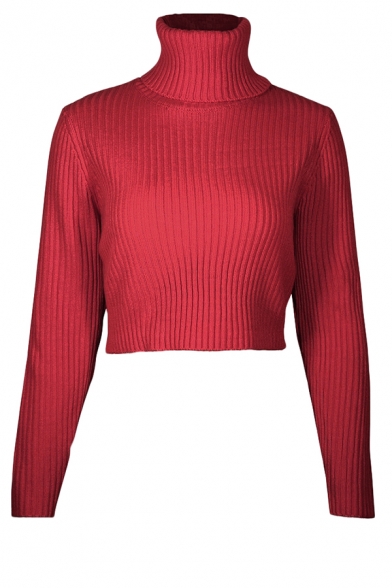Womens Basic High Collar Long Sleeve Cropped Red Fitted Knitted Pullover Sweater