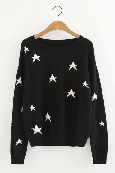 Womens Casual Pentagram Printed Long Sleeve Oversized Black Classic Pullover Sweater