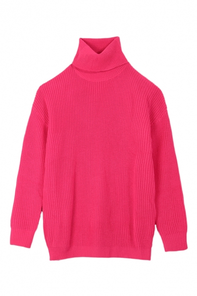 Womens Casual Rose Red Turtleneck Long Sleeve Oversized Longline Sweater Knitwear