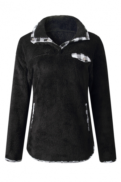 Womens Chic Checked Trim Lapel Button Decoration Long Sleeve Loose Teddy Pullover Sweatshirt