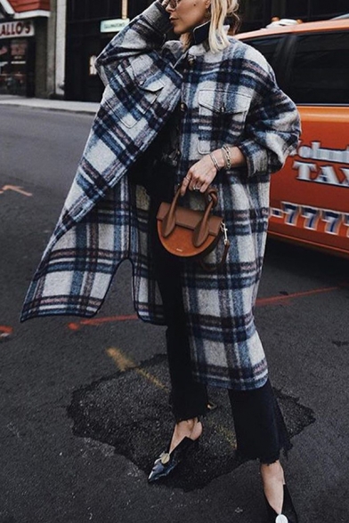 Womens Classic Plaid Print Long Sleeve Side Split Flap Pocket Longline Loose Wool Coat Overcoat