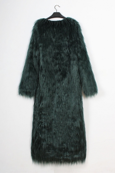 Womens Classic Solid Color Long Sleeve Open Front Maxi Faux Fur Coat