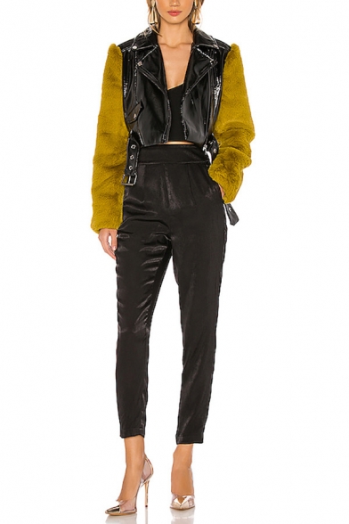 Womens Designer Colorblock Plush Sleeves Lapel Collar PU Leather Metallic Belted Short Jacket Coat