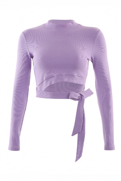 Womens Designer Light Purple Mock Neck Long Sleeve Hollow Out Tied Hem Cropped Sweater Knitwear