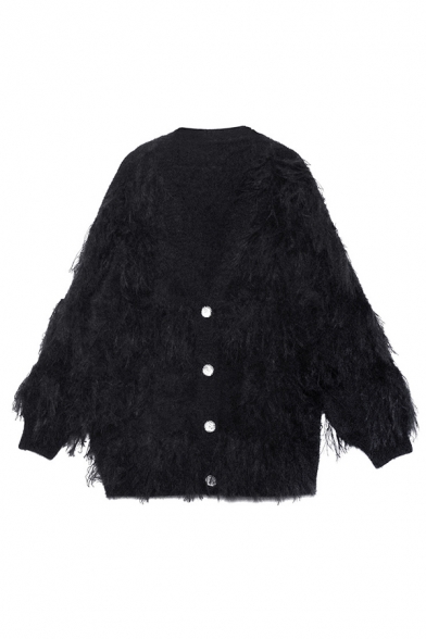 Womens Fashion Black Tassel Long Sleeve Button Down Longline Thick Cardigan Coat for Winter