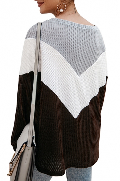 Womens Fashion Color Block Chevron Printed Boat Neck Long Sleeve Loose Pullover Sweater Knitwear