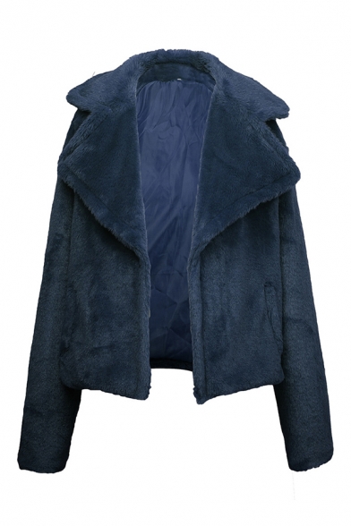 Womens Fashion Long Sleeve Notched Collar Long Sleeve Solid Color Short Plush Jacket Coat