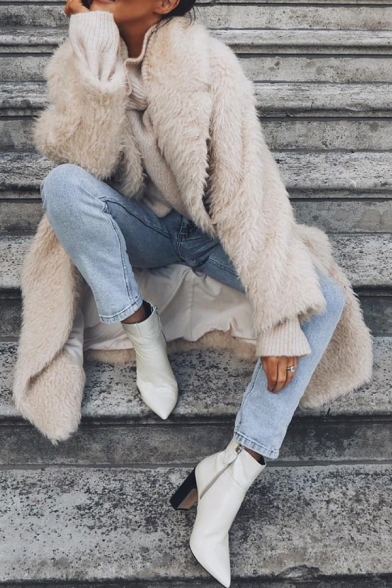 Womens Fashion Long Sleeve Open Front Plain Beige Longline Faux Fur Hooded Overcoat