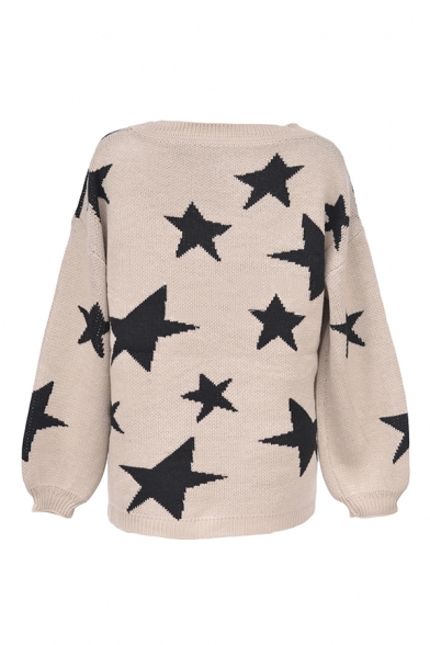 Womens Leisure Black Stars Pattern V Neck Lantern Long Sleeve Khaki Loose Pullover Sweater