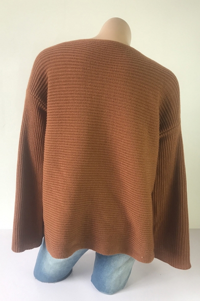 Womens New Trendy Plain Caramel Flared Long Sleeve Loose Fit Knit Pullover Sweater