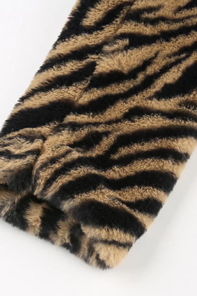 Womens Petite Tiger Faux Fur Long Sleeve Lapel Collar Button Through Crop Jacket