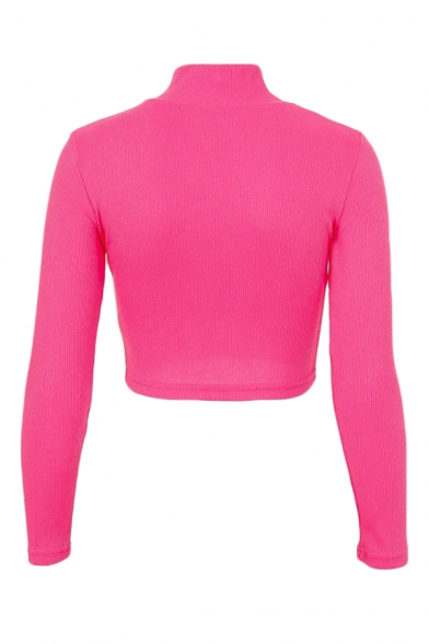 Womens Plain Sexy High Neck Long Sleeve Half-Zip Ribbed Knit Bodycon Crop Pullover Sweater Top