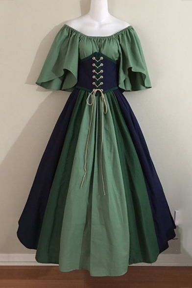Womens Renaissance Vintage Off Shoulder Short Sleeve Lace Up Front Gathered Waist Color Block Maxi Medieval Dress for Party