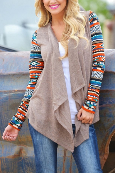 Womens Retro Colorful Aztec Tribal Patched Long Sleeve Knit Loose Waterfall Cardigan