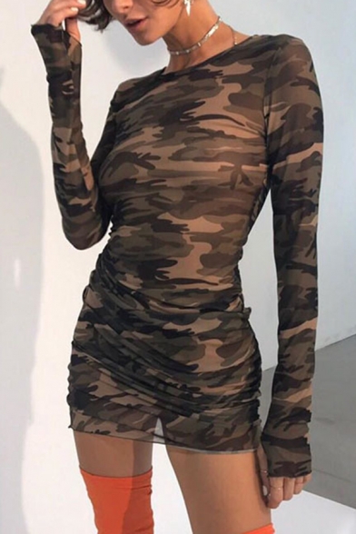 Womens Sexy Camo Printed Long Sleeve Round Neck Sheer Mesh Mini Dress