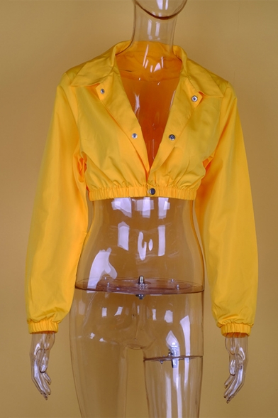 Womens Sexy Solid Yellow Button Fly Long Sleeve Elastic Cuff Casual Cropped Jacket
