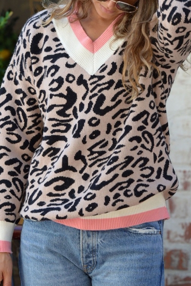 Womens Stylish Contrast Trim V-Neck Leopard Printed Long Sleeve Regular Knitted Pullover Sweater