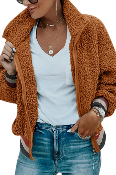Womens Stylish Lapel Collar Long Sleeve Colorblocked Stripes Trim Zip Up Slim Fit Fuzzy Teddy Jacket Coat