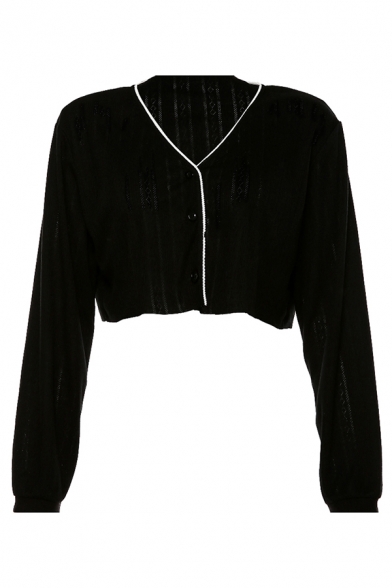 Black Chic Long Sleeve Contrast Trim Button Decoration Slouchy Knit Loose Relaxed Cropped Cardigan Top