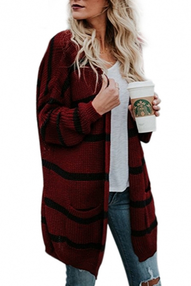 Casual Color Block Stripes Long Sleeve Oversized Chunky Knit Cardigan