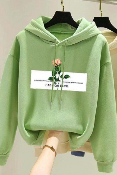 Casual Rose Letter FASHION DEVIL Printed Long Sleeve Oversized Drawstring Thick Hoodie