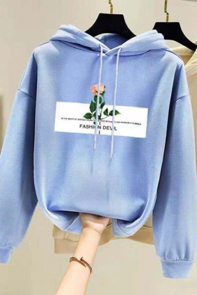 Casual Rose Letter FASHION DEVIL Printed Long Sleeve Oversized Drawstring Thick Hoodie