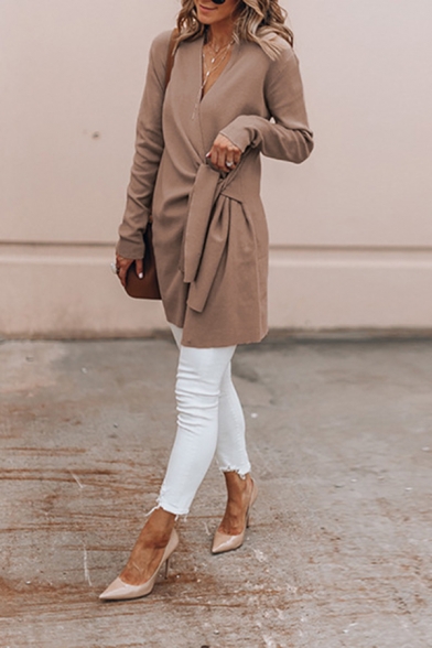 Fall Fashion V-Neck Long Sleeve Side Tied Slim Fit Asymmetric Longline Woolen Coat