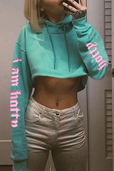 Fancy Letter Printed Long Sleeve Light Green Oversized Drawstring Cropped Hoodie