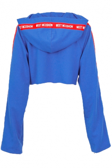 Fashion Womens Letter Tape Long Sleeve Cutout Blue Cropped Hooded Hoodie