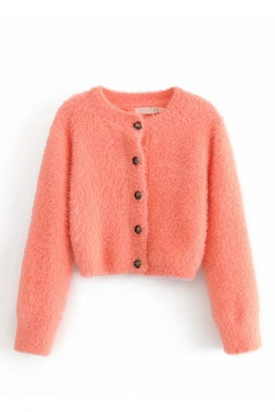 Fashionable Orange Long Sleeve Button Front Cropped Fluffy Knit Cardigan Coat