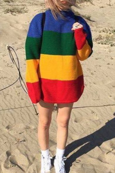 Girls Colorful Wide Stripe Panel Long Sleeve Classic Relaxed Tunic Pullover Sweater