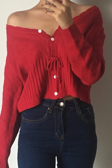 Girls Cute Bow-Tied Long Sleeve Crochet Detail Button Down Loose Fit Plain Short Knit Cardigan Coat