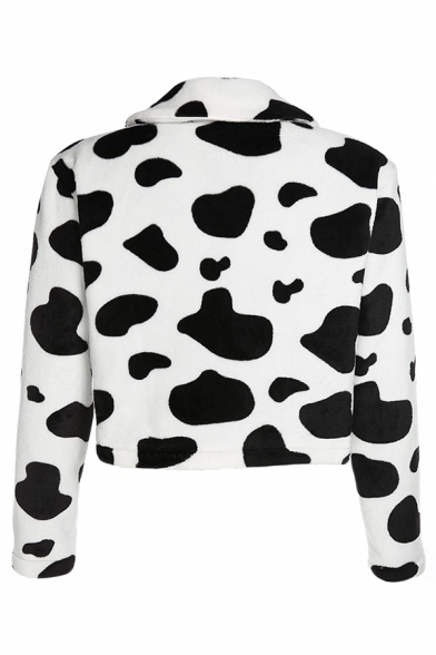 Girls Fashionable Cow Printed Lapel Collar Long Sleeve Zipper Crop Plush Jacket Coat