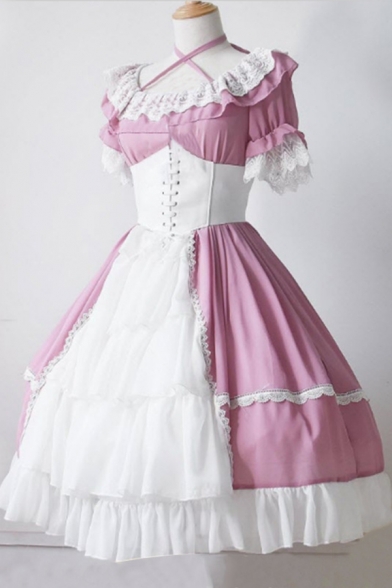 Girls Popular Lace Stitching Short Sleeve Gathered Waist Color Block Midi Cosplay Lolita Dress