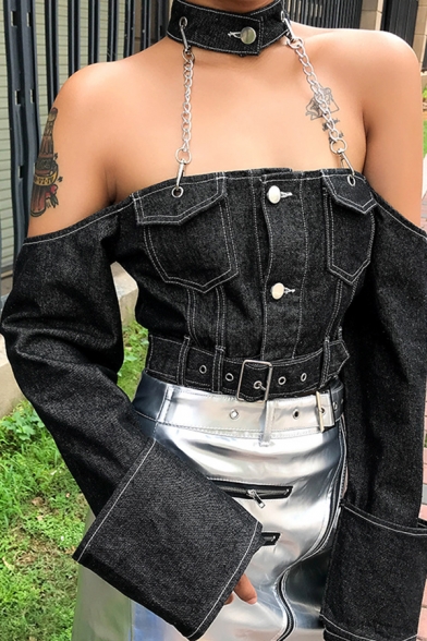 

Hot Sale Womens Sexy Chain Halter Neck Off Shoulder Long Sleeve Black Denim Crop Cargo Jacket Coat, LM567583