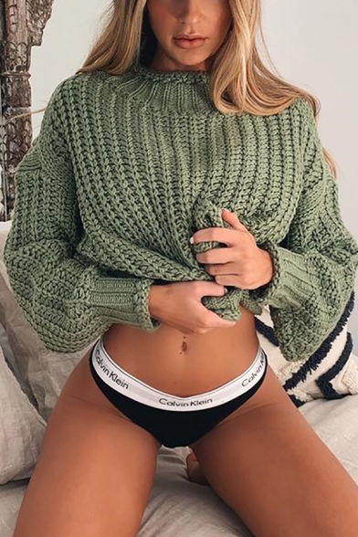 Ladies Fashion Whole Colored Mock Neck Long Sleeve Chunky Loose Pullover Sweater Knitwear