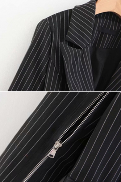 Ladies Stylish Black Pinstripe Peak Collar Double Breasted Zipper Decoration Belted Blazer Dress