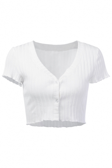 Ladies Summer Fashionable White V-Neck Short Sleeve Button Front Ribbed Knit Crop Cardigan Top